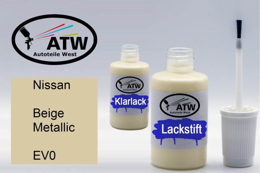 Nissan, Beige Metallic, EV0: 20ml Lackstift + 20ml Klarlack - Set, von ATW Autoteile West.